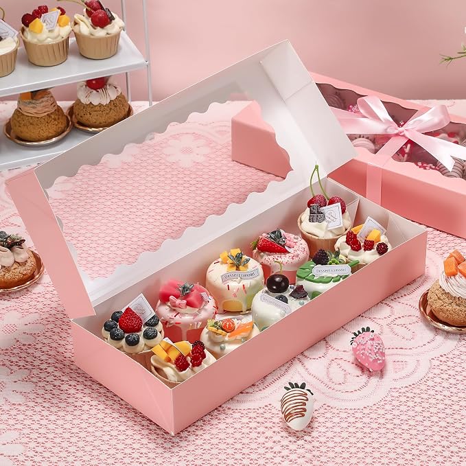 24 Pack Bakery Boxes with Window, 16x6.5x2.5 Inch Pink Auto-Popup Cookie Box with Ribbon and Sticks, Long Treat Boxes for Cookies for Strawberries, Champagne, Cake Pops, Donuts