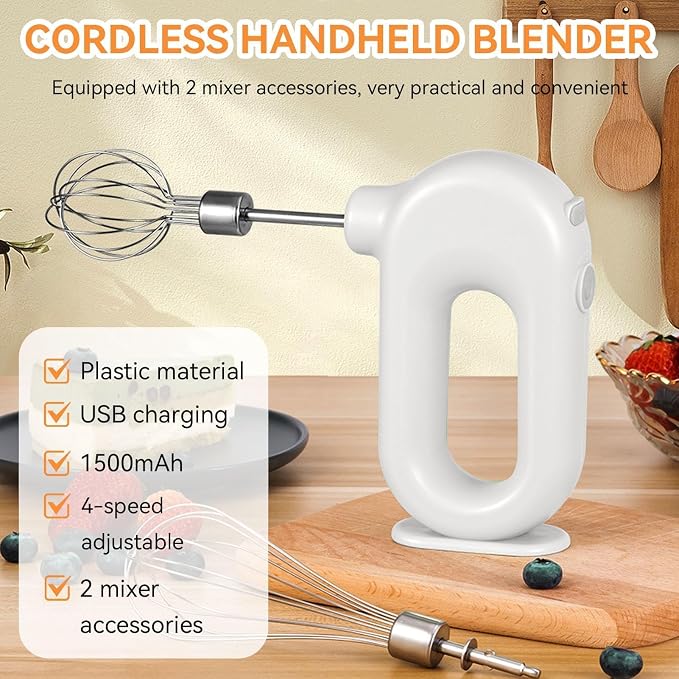Cordless Hand Mixer, Electric Hand Whisk Portable Egg Beater Handheld Egg Beater Electric Handheld 4 Speed Adjustable Mini Hand Mixer Electric Mixer, USB Charing, 1500mah(White)