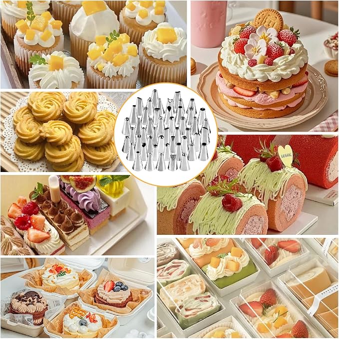 Piping Bags And Tips Set - 65pcs Cake Decorating Supplies Kit with 48 Stainless Steel Tips 12 Inch Reusable Silicone Pastry Bag 10 Disposable Piping Bags for Cupcake Cookie