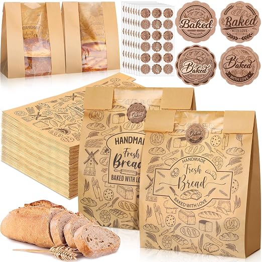 Spakon 120 Pcs Large Bread Bags for Homemade Bread with Window 14 x 8.3 x 3.5 Inch Kraft Paper Sourdough Bakery Bags 120 Baked with Love Stickers for Storage Cookies and Snacks Baked Food Packaging