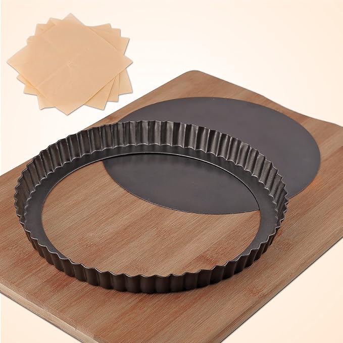 Tart Pan Black Carbon Steel, Non-Stick Quiche Pan, Tart Pan 9 inch removable bottom and 10 Baking Parchments-Oven and Dishwasher Safe