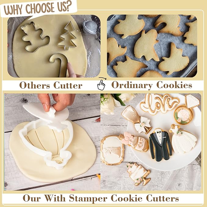 Wedding Cookie Cutter with Plunger Stamps Handle Champagne Glass Bridal Shower Holiday PLA Cake Baking Cutter Molds Gifts for Kids Decorative 3.5" Kitchen Cake Supplies