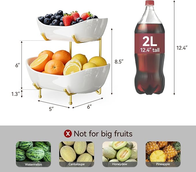 2 Tier Ceramic Fruit Bowl for Kitchen Counter – Fruit Basket with Gold Metal Stand, Holder for Snacks, Nuts, Cakes, Desserts, Bread, Candy Storage