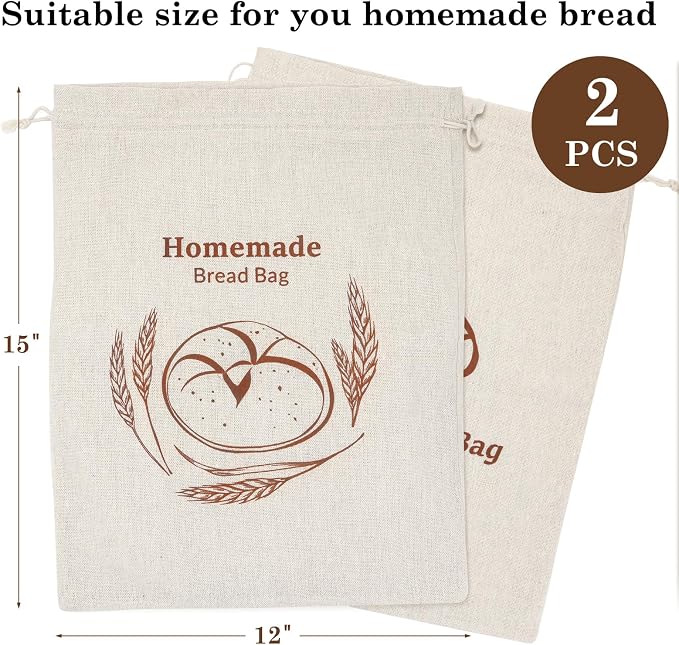 2 Pack Reusable Linen Bread Storage Bags with Plastic Lining, Sourdough Bread Keeper for Home Bakers, 12x15 Inch (2 patterns)
