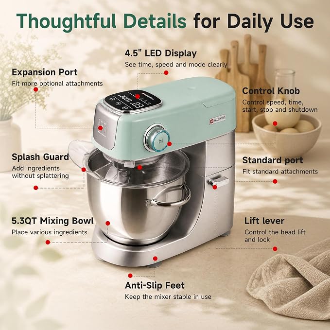 Hauswirt Stand Mixer Silent with LED Touch Screen, 5.3QT XL Large Mixers Kitchen Electric Stand Mixer for Household, 500W DC Motor 11-Speed for Bread Pasta Meat – Black