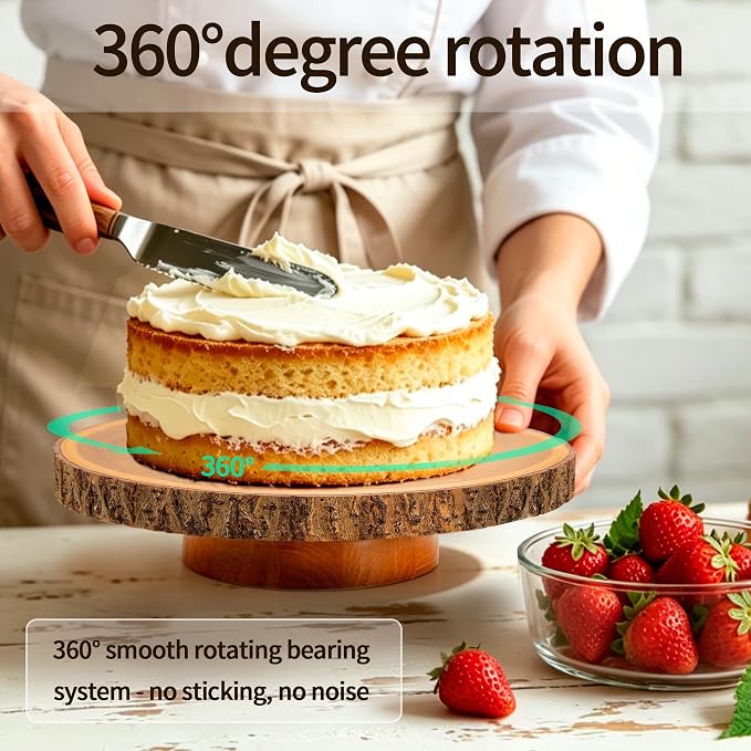 Rotating 12" Rustic Wood Cake Stand + Elegant Cutting Set — Smooth 360° Turntable for Wedding Cakes, Baking & Party Display