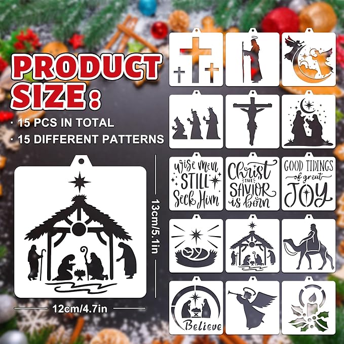 Whaline 15 Pcs Jesus’ Birth Bread Stencils Painting Stencils Christmas Nativity Christ Decorative Cake Baking Templates with Bead Chain for Xmas Holiday Party DIY Craft, 4.7 x 5.1 Inch