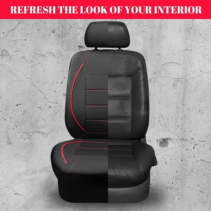 CAR PASS Universal FIT Piping Leather Two Front Seat Covers, Waterproof Faux Leather for SUV Sedan Van Truck, Airbag Compatible,Reserved Opening Holes for Headrest Covers. (Black red)