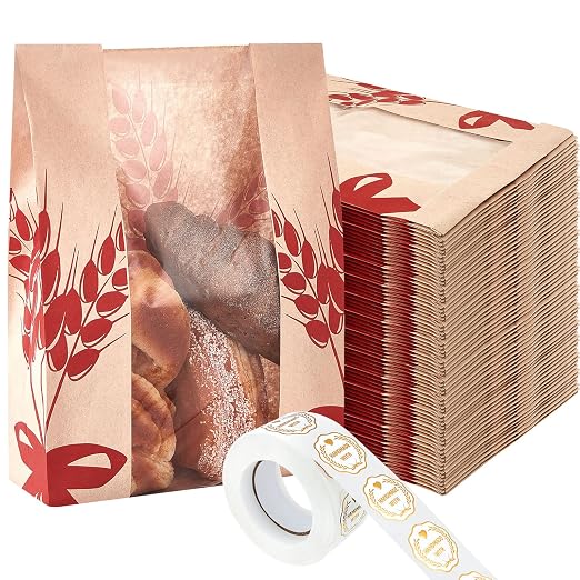 Gueevin 200 Pcs Kraft Paper Bread Bag for Homemade Bread Large Sourdough Loaf Bag with Clear Window Bakery Food Package Storage with 500 Pcs Sticker for Popcorn Cookies, 14x8.3x3.2''