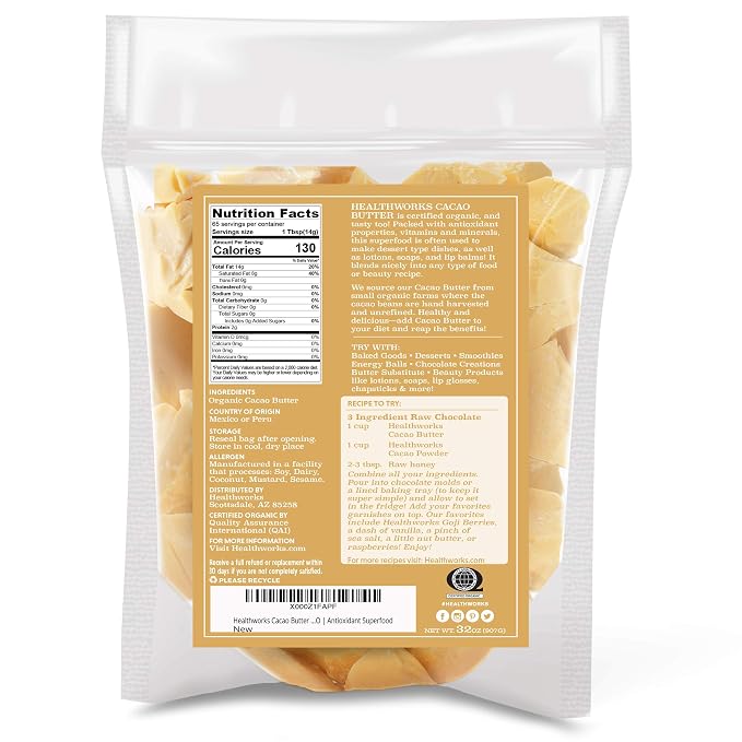Healthworks Superfoods Organic Cacao Butter - 32 Oz / 2 Lbs - USDA Certified Organic from Peru - Unrefined Non-Deodorized Cocoa - Sugar-Free, Keto, Vegan & Non-GMO - Antioxidant Superfood