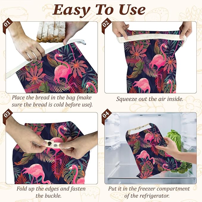 Beeswax Bread Bags, 2 Pack for Homemade Bread and Sourdough Storage | Pink Flamingo Tropical, Reusable Polyester Bread Storage With Beeswax Coating And Snap Closures