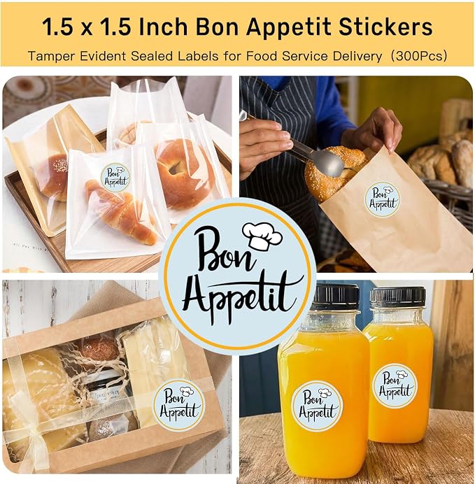 300PCS Bon Appetit Sticker,Enjoy Your Meal Stickers,1.5" Round Sealed Labels for Food Service,Bakery Packaging,Catering Business