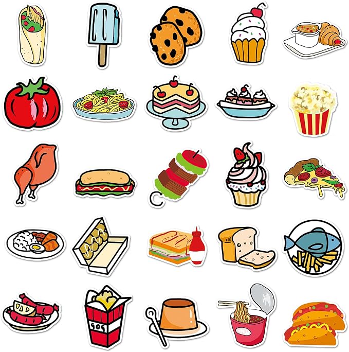 50 Pcs Cute Cartoon Food Stickers - Kawaii Doodle Vinyl Decals for Kids, Teachers, Journal & Laptop Decor - Waterproof Fun Sticker Pack (Cartoon Food)