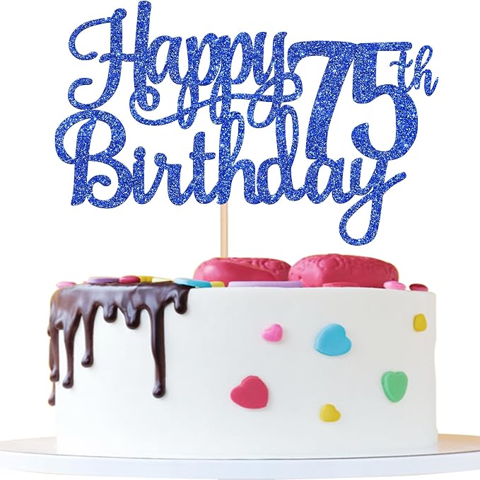 1 PCS Happy 75th Birthday Cake Topper Glitter Cheers to 75 Years Birthday Cake Pick Seventy Five 75 Fabulous Cake Decoration for Happy 75th Birthday Theme Party Decorations Supplies Blue