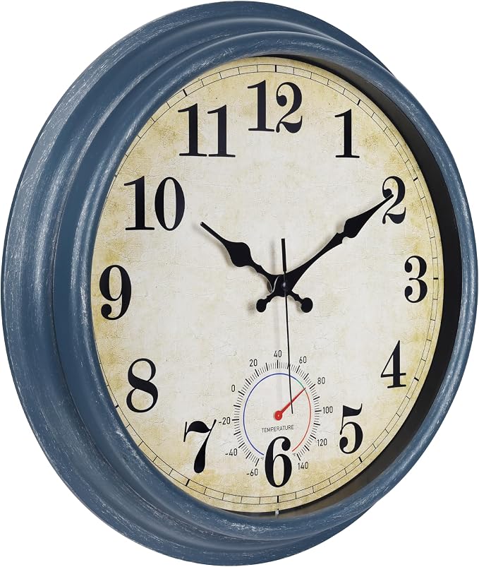 Large Outdoor Clocks Waterproof with Thermometer Combo Rustic Coastal Wall Clock Decor for Bathroom Patio Pool (16 Inch,Blue)