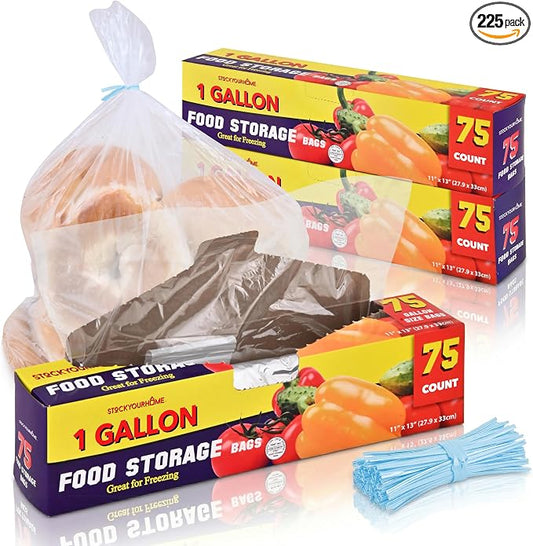 1 Gallon Food Storage Bags with Twist Ties (225 Count) Bulk Freezer Storage Bags Gallon Size for Bread, Vegetables, Fruit, and More, Clear Disposable Twist Tie Storage Bags, Stock Your Home