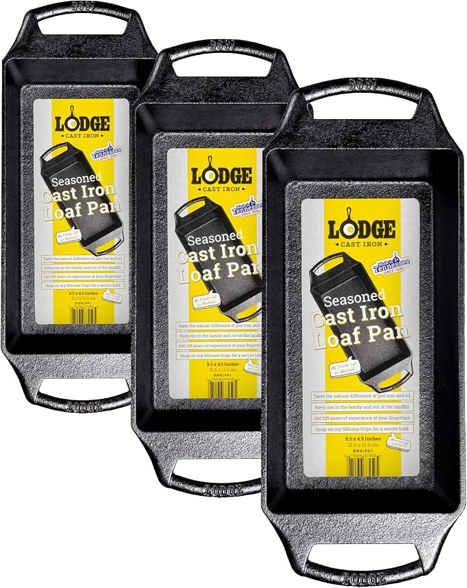 Lodge Seasoned Cast Iron Loaf Pan 8.5 Inches - Pre-Seasoned Rectangular Cast Iron Bakeware- Even Browning Bread Pan with Easy-Release Finish - PFAS-Free Non-Toxic Cookware (Pack of 3)