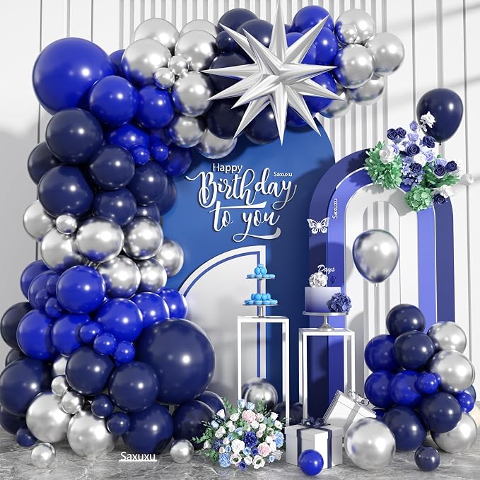 Blue And Silver Balloon Arch Kit, Blue Silver Balloons Garland Arch Kit With Star Foil Balloon, Dark Navy Balloons For Boy Men Birthday Party Wedding Anniversary Graduation Baby Shower