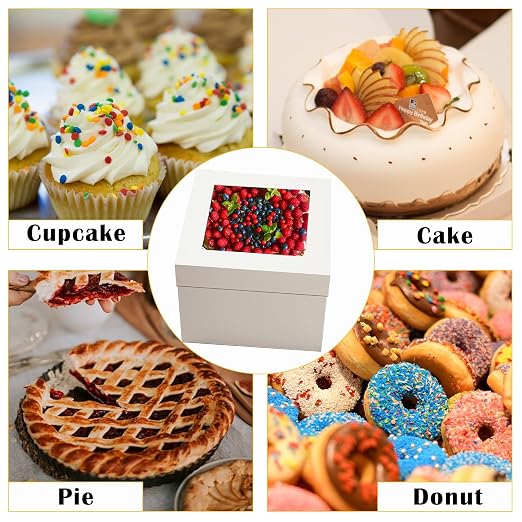 10 Pack Cake Boxes, 12 x 12 x 8 Inches Tall Cake Boxes with Window, Disposable White Cardboard Bakery Boxes Large Baking Boxes for Cake Decorating Supplies, Cookies, Pies, Cupcakes