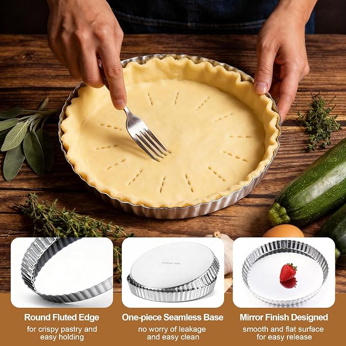 E-far 9.5 Inch Tart Pan, Stainless Steel Pie Quiche Pan Baking Dish for Oven, Reusable Pie Plate Tin with Fluted Edge & Seamless Bottom, No Leakage and Dishwasher Safe, Mirror Silver