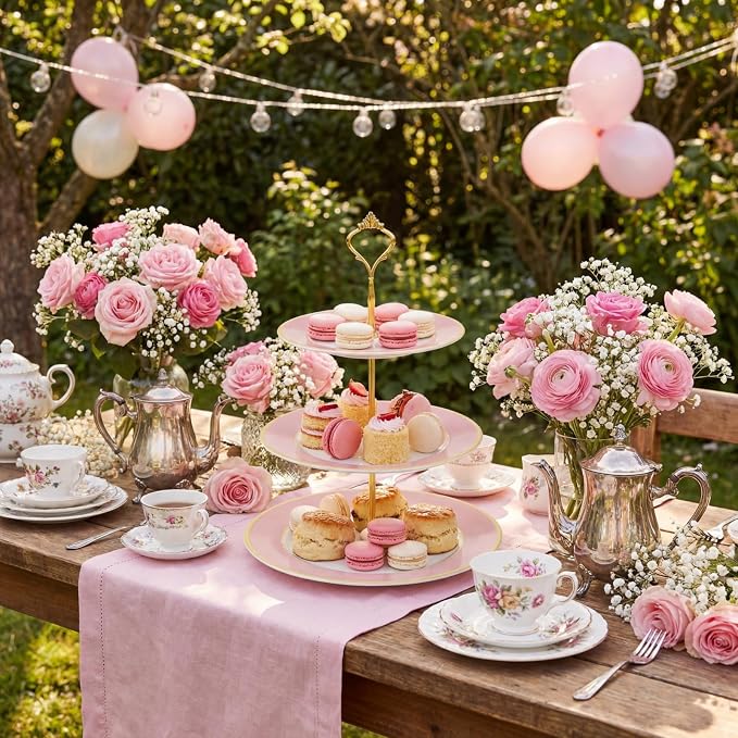 CHENGU 3 Tier Cupcake Stand Pink Ceramic with Gold Frame, 10" 9" 7" Dessert Tower for Baby Shower Birthday Wedding Tea Party, Tiered Cake Holder Display for Cupcakes Pastries Fruits