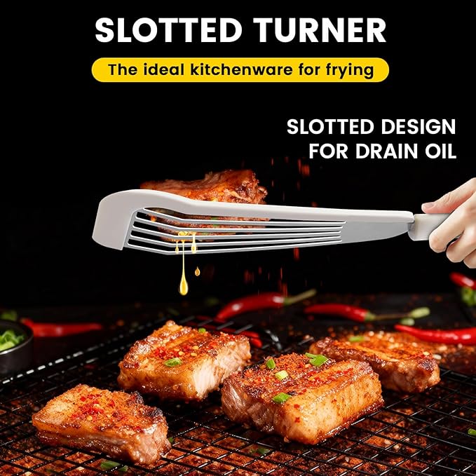 Silicone Fish Spatula, Heat Resistant Silicone Edge for Nonstick Cookware, Fish Turner for Kitchen Use, Flexible and Thin Stainless Steel Cooking utensils, 12.2 * 3.42 Inch, White