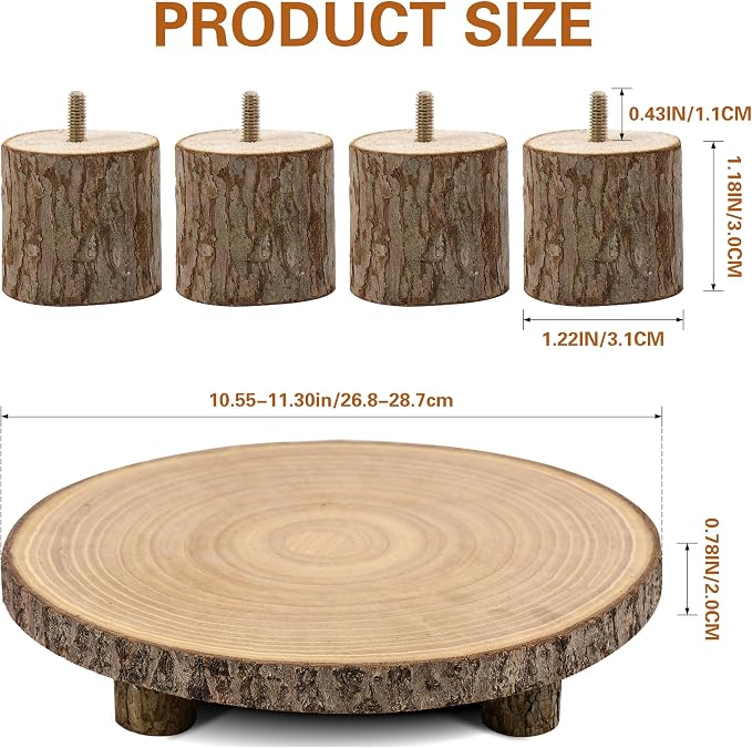 Wood Cake Stand with 4 Legs, 10-11 Inch Natural Rustic Wooden Slice Cupcake Stand for Wedding, Birthday & Baby Shower, Farmhouse Dessert Display, Woodland-Themed Party Decor