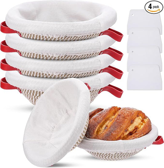 Gejoy 4 Pcs 9.1 Inch Cotton Rope Banneton Bread Proofing Basket Set Round Bread Baskets with Liners & Covers Proofing Baskets for Sourdough Baking with 4 Strickle for Home Bakers Wife (Yellow, White)