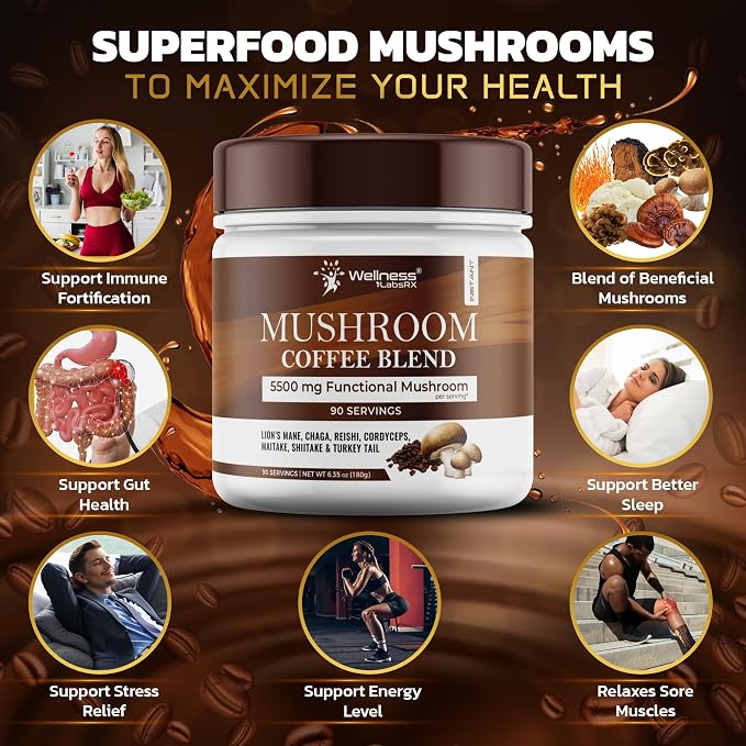 Mushroom Coffee, 90 Servings Organic Mushrooms Instant Coffea, Great Tasting Colombian Keto Coffee, 7 Superfood Mishrooms Lions Mane, Chaga, Reishi, Cordyceps, Maitake, Shiitake, and Turkey Tail - Pack of 2
