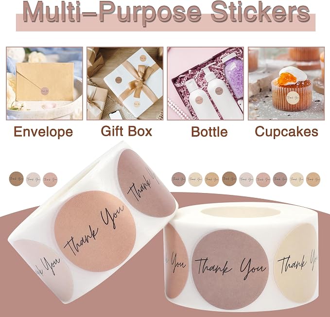 1000Pcs Thank You Stickers Label Roll 6 Colors Small Business Sticker Seal Sticker for Packaging Paper Circle Round Tags for Box Gifts Sealing Label for Bottle Canning Wraps (Brown)