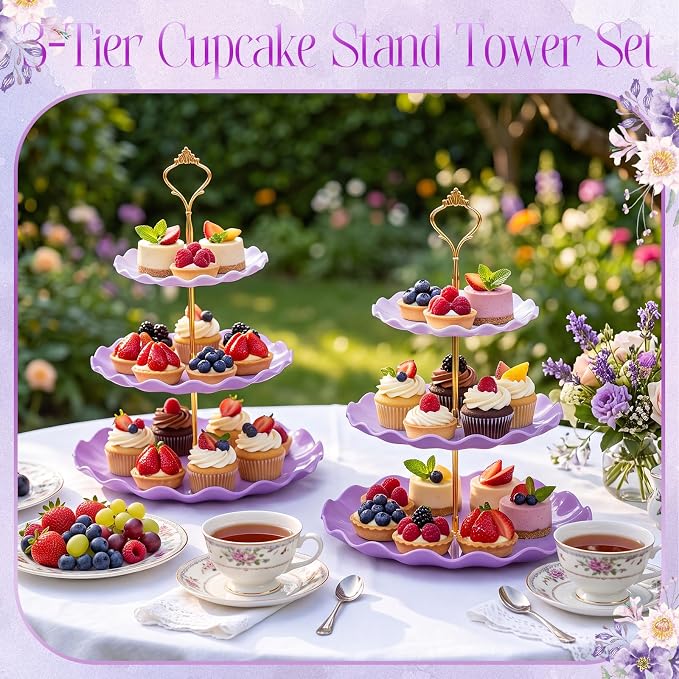 FoldTier 6 Pack Cupcake Stand Set 3 Pcs 3 Tier Gradient Dessert Table Display Stands Cookie Tray Rack 3 X14 in Rectangle Party Trays for Wedding Birthday Tea Party Baby Shower(Purple,Round)