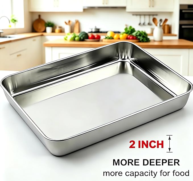 2-Pack Stainless Steel 2" Deep Baking & Roasting Pan Set (12/16 Inch) - Uncoated Non-Toxic Heavy Duty Sheet Pan for Lasagna, Brownies, Bread, Deep Dish Pizza - No Warping, Dishwasher Safe