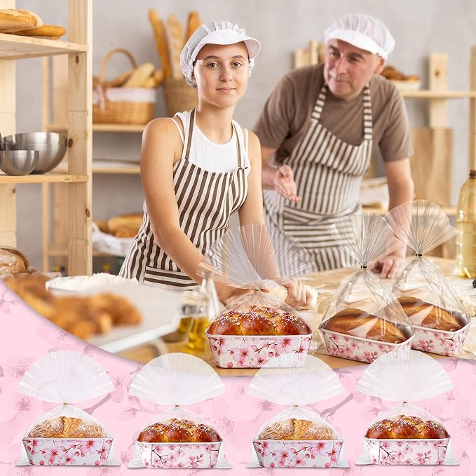 Hushee 50 Sets Pink Blossom Paper Loaf Pans with Bags, 6.3x2.2x2.2" Disposable Mini Bread Baking Molds, Floral Cake Liners for Baby Shower Wedding Birthday Spring Gifts