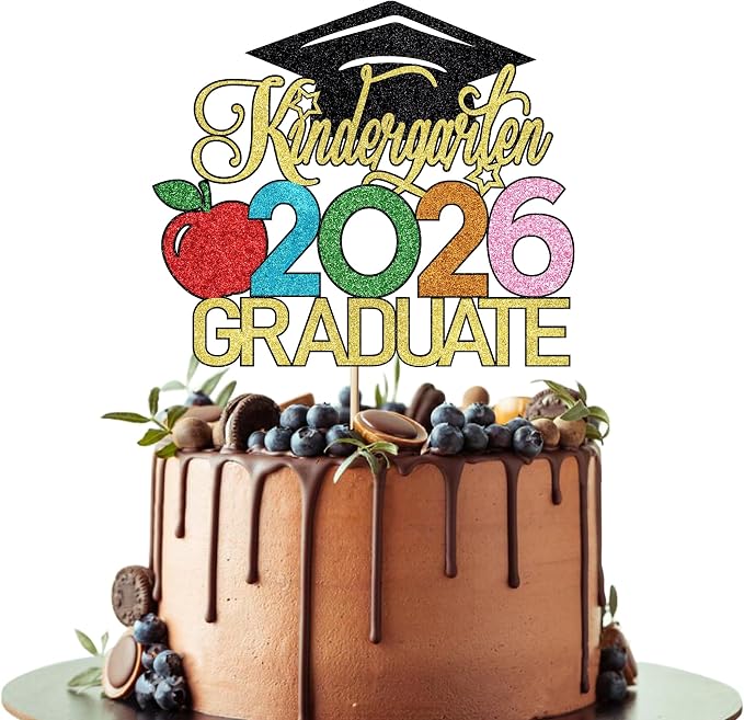 Kindergarten 2026 Graduate Cake Topper, Chirldren Graduation Cake Decorations, Preschool Kindergarten Graduations Party Decoration, Glitter Grad 2026 Happy Graduation (Black Gold)