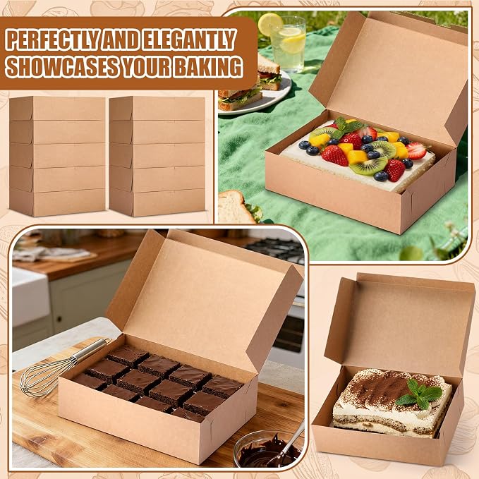 50 Pcs Non-window Bakery Boxes 14 x 10 x 4 Inch Kraft Paperboard Cake Box 1/4 Sheet Brown Rectangle Bakery Pastry Supplies for Cookies, Chocolate, Party Gift, and At-home Bakers