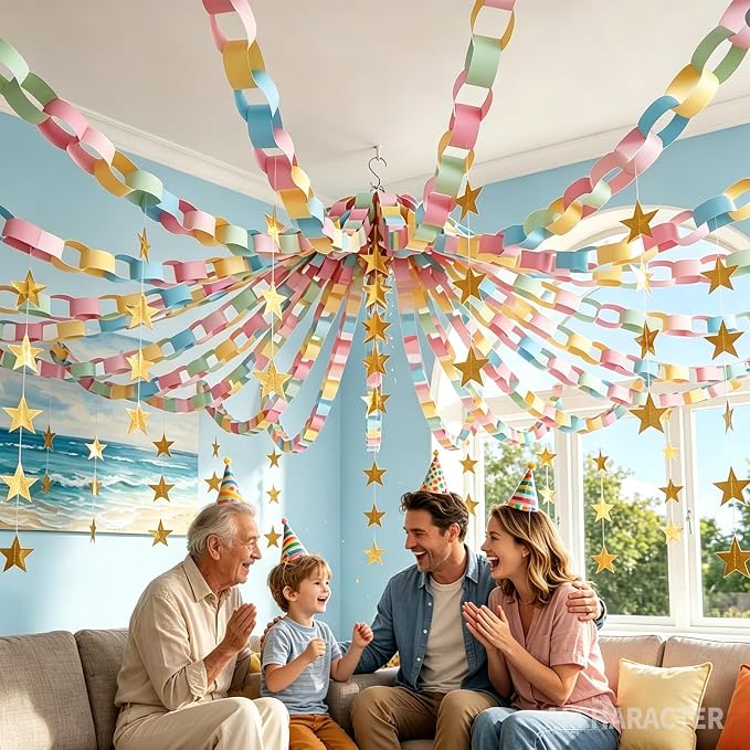 1000 Sheet Paper Chain Garland Strips Set with 10 Rolls Crepe Paper Streamers & 52.8ft Gold Star Garland,DIY Construction Paper Chain Kit for Birthday, Wedding, Classroom, Party Decorations (Macaron)