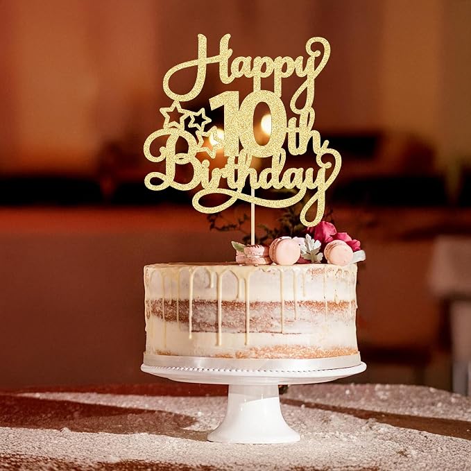 1 Pack Happy 10th Birthday Cake Topper Glitter Heart Star 10 Fabulous Cake Pick Birthday Sign Cake Decorations for Children 10th Birthday Theme Party Supplies Gold