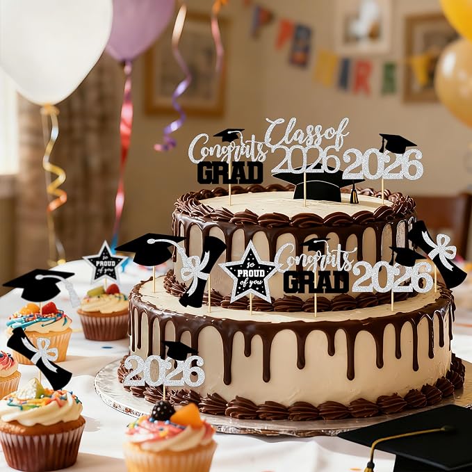 48 PCS Grad Cupcake Toppers, Congrats Graduation Cake Topper, Class of 2026 Black and Silver Graduation Decor, Glittery Cap and Diploma Cake Picks for Grad Party Decorations Supplies
