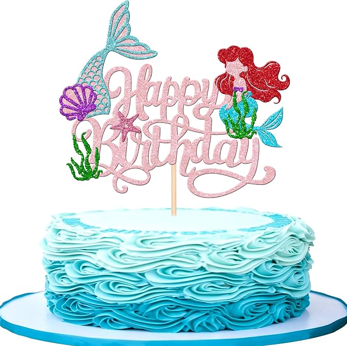 1 PCS Mermaid Cake Topper Glitter Mermaid Happy Birthday Cake Pick Starfish Seawood Seashells Mermaid Tail Cake Decoration for Under the Sea Theme Baby Shower Birthday Party Supplies Light Pink