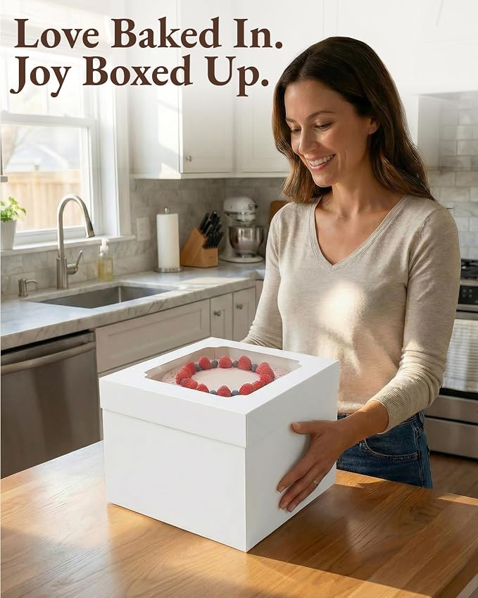 10x10x8 Bulk 15 Pcs Tall Multi-Layer Cake Boxes 10 Inch with Window Clear Bakery Box Square White Large Disposable Pie Boxes Package for Bake Decorating Supplies Pastry Box (80 Pcs Stickers)