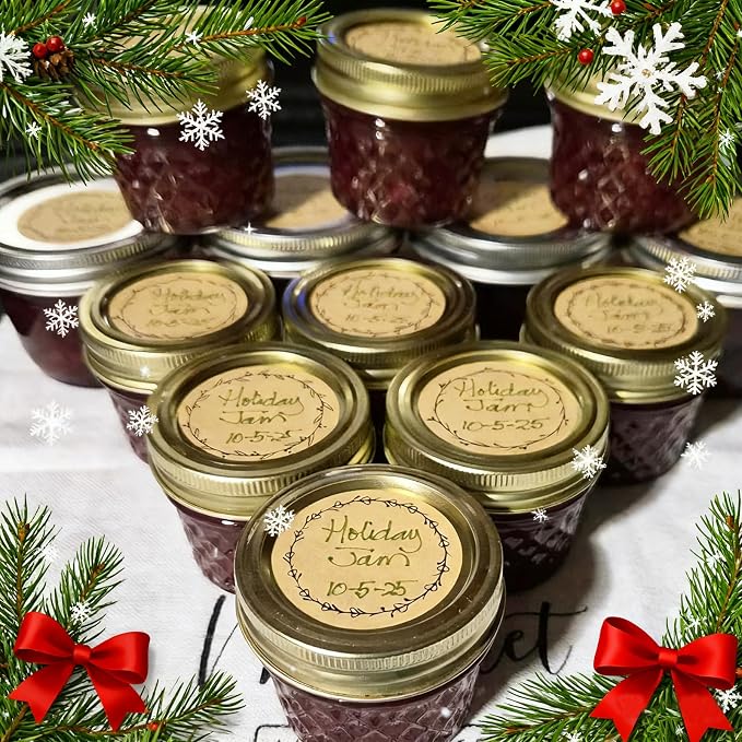 2" Canning Labels for Jars & Lids, 500 Labels per Roll, 4 Different Wreath Designs, Round Kraft Christmas Mason Jar Stickers, Food Labels Pantry Labels, Mason Jar Labels Spice Labels Bottle Labels