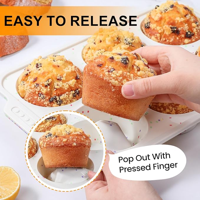 Vinino 2-Pack Silicone Jumbo Muffin Pan for Baking with Metal Reinforced Frame, 6 Cups Jumbo Cupcake Pan with Non-Slip Handle, Nonstick Muffin Tray for Oven, BPA Free, Dishwasher Safe