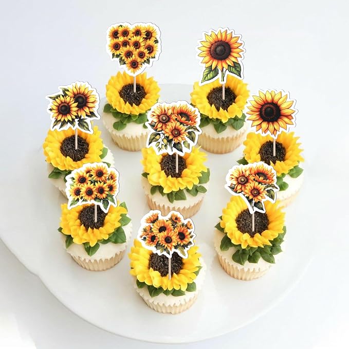 36 Pack Sunflower Cupcake Topper Double Sided Sunflower Cupcake Picks Decoration for Spring Summer Flower Theme Baby Shower Wedding Birthday Party Cake Decorations Supplies