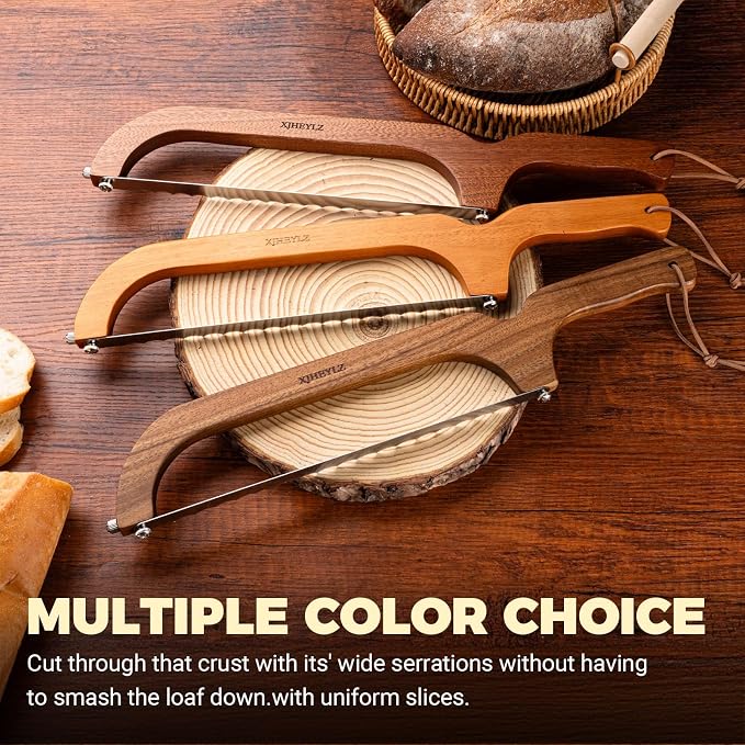 Sourdough bread knife,Bread Slicer for Homemade Bread,Adjustable blade tightness for Even Slicing, Serrated knife,Wooden Bread cutter with Bow Design (3, brown)
