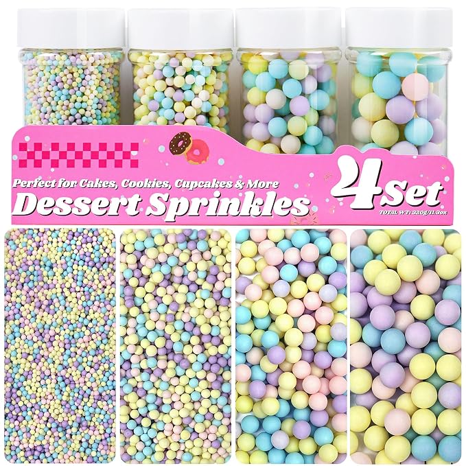 Pastel Sprinkles for Cake Decorating, 11.3oz/320g Edible Pearls Sugar 4 Jars Set for Baking Cupcakes Cookies Ice Cream