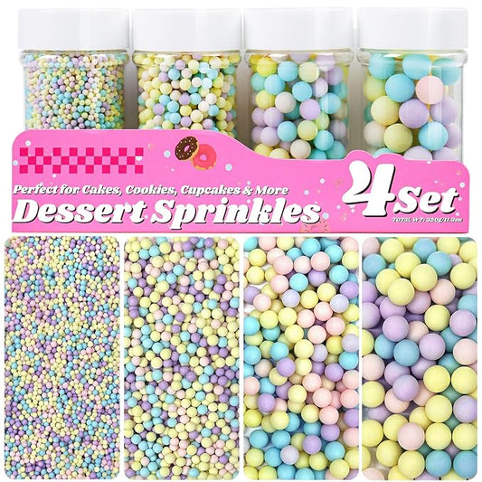 Pastel Sprinkles for Cake Decorating, 11.3oz/320g Edible Pearls Sugar 4 Jars Set for Baking Cupcakes Cookies Ice Cream