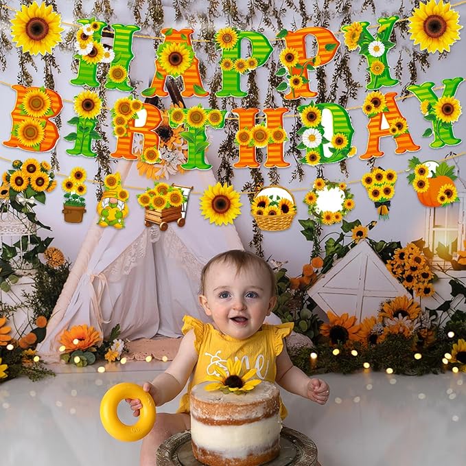 Zwiebeco Green Yellow Orange Sunflower Happy Birthday Party Decoration Banner Bunting Garland Hanging Paper for Boys Girls Kids Women Spring Summer Sunflower Flowers Themed Party Accessories Supplies