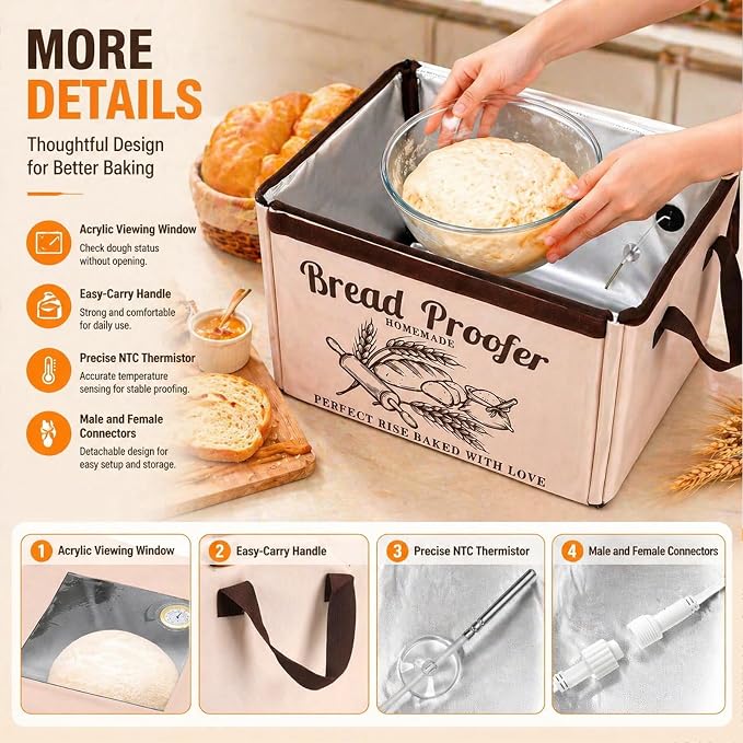 Foldable Bread Proofing Box, Sourdough Proofer Warming Box Yogurt Maker with Lame, Scraper, Metal Rack, Whisk & Silicone Brush | 50–113°F,48H Timer, Home Baking Supplies, Holiday & Housewarming Gifts