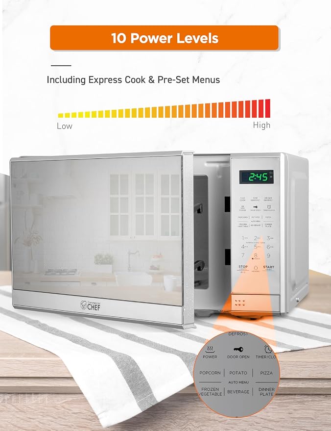 Commercial Chef 0.7 Cu. Ft. Countertop Microwave Oven, Touch Controls with Digital LED Display, 700W Microwave with 10” Turntable Plate, Push Button Door, 10 Power Levels, CHM7MS, Stainless Steel
