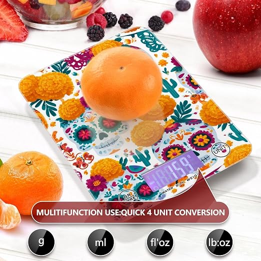 Food Scale Kitchen Digital Scale Food Ounces and Grams Dieting Baking Cooking Waterproof Glass Panels LCD Display,4 Units Scale Tare Function Skull Mexican Halloween White